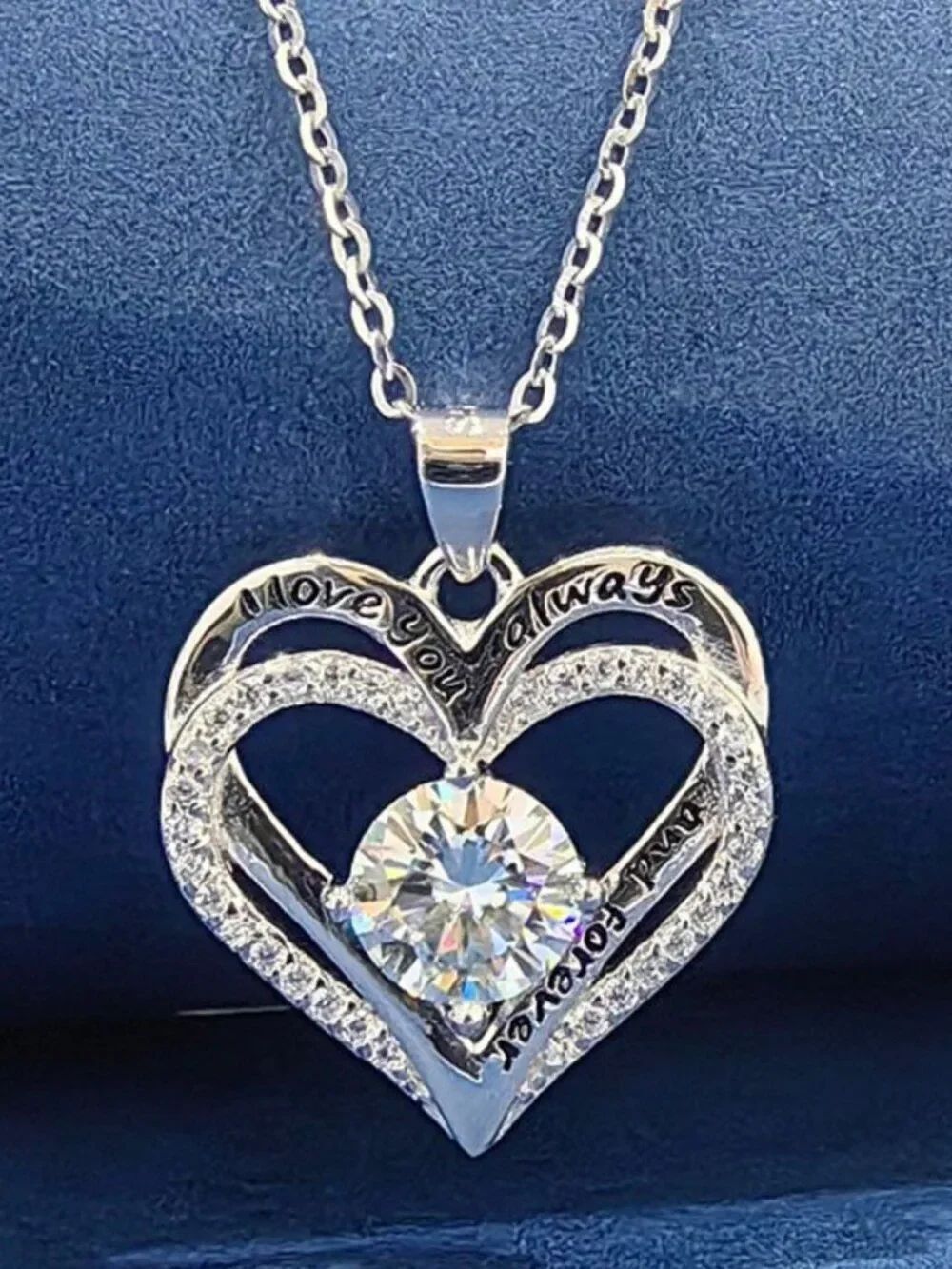 Moissanite Double Heart Pendant Engraved 925 Silver 1ct NWT